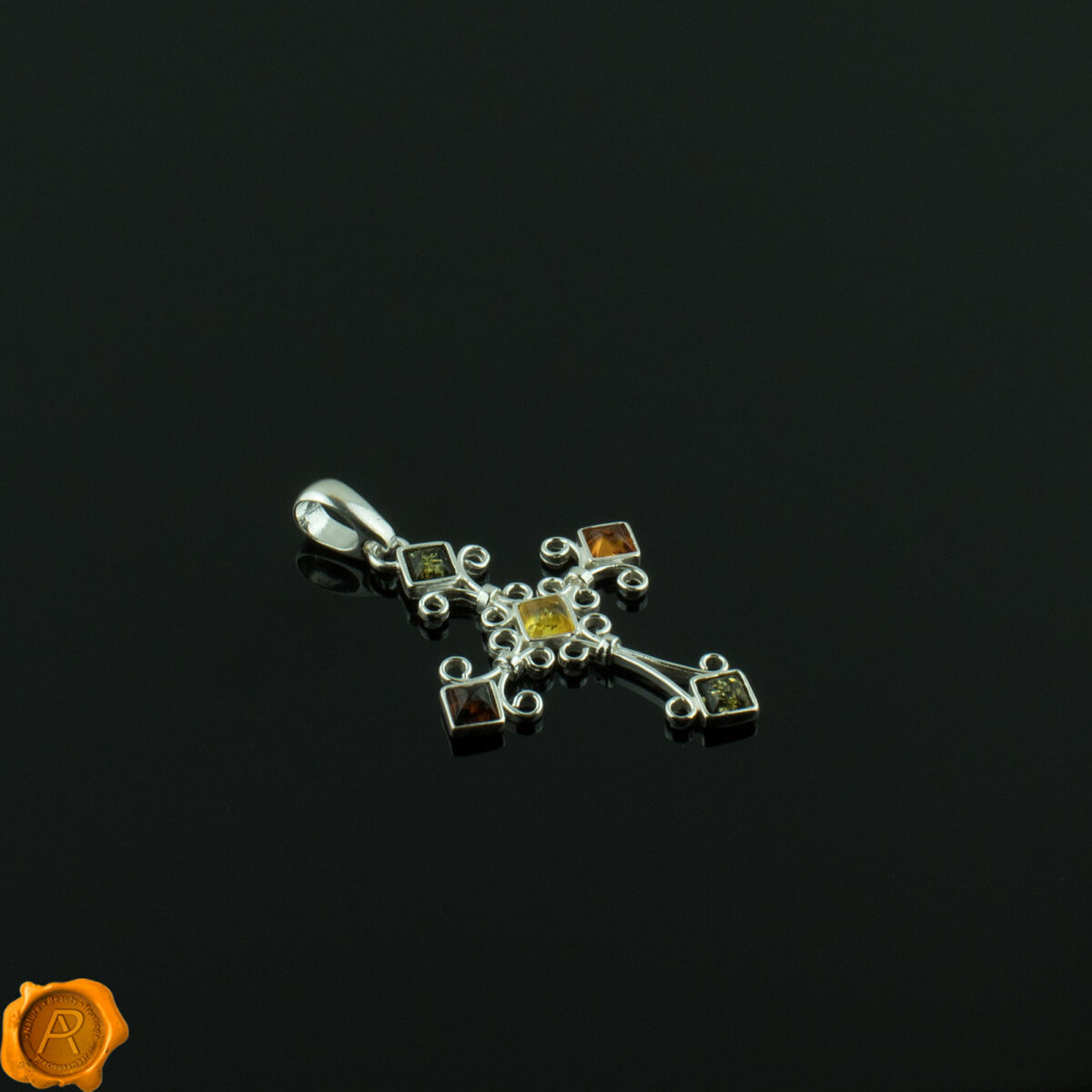 Multicolored Baltic Amber Silver Pendant Multicolor Amber Cross Pendant - Image 2