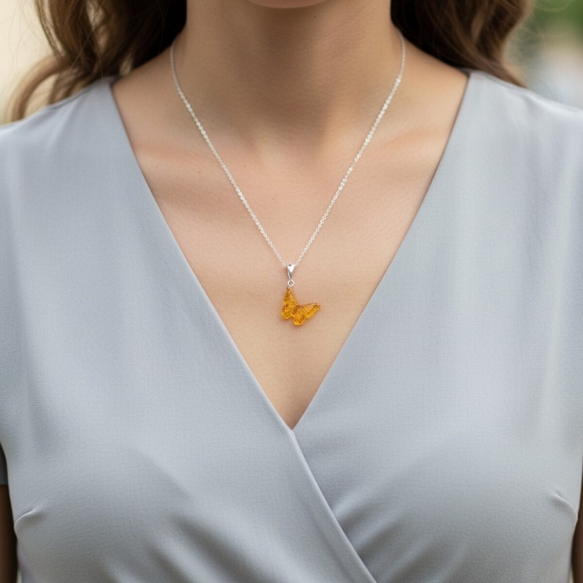 Baltic Amber Dainty Small Butterfly Pendant Necklace Girls Women, Tiny Charm Drop Teardrop Silver Gemstone Butterfly Lover Gifts Jewellery