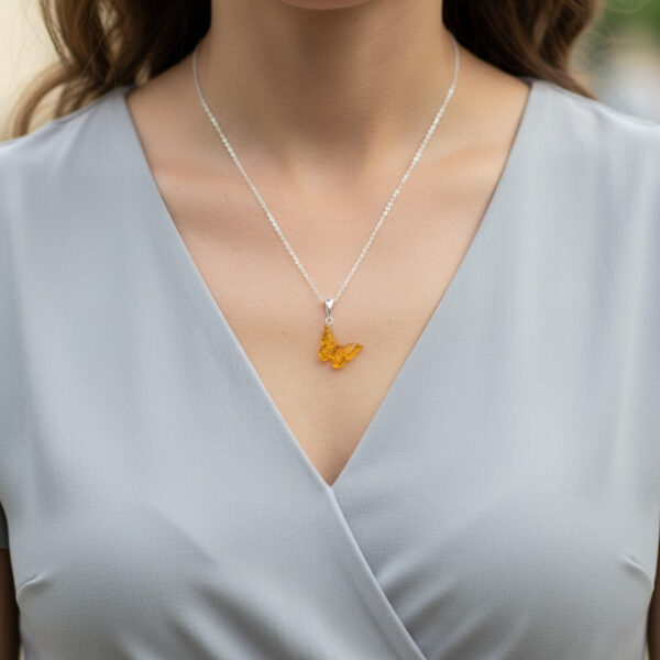 Baltic Amber Dainty Small Butterfly Pendant Necklace Girls Women, Tiny Charm Drop Teardrop Silver Gemstone Butterfly Lover Gifts Jewellery