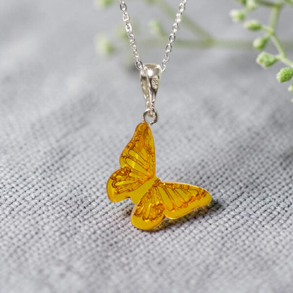 Baltic Amber Dainty Small Butterfly Pendant Necklace Girls Women, Tiny Charm Drop Teardrop Silver Gemstone Butterfly Lover Gifts Jewellery