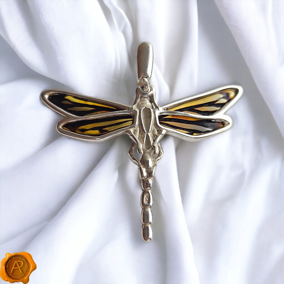 Carved Amber Dragonfly Silver Pendant - Image 5