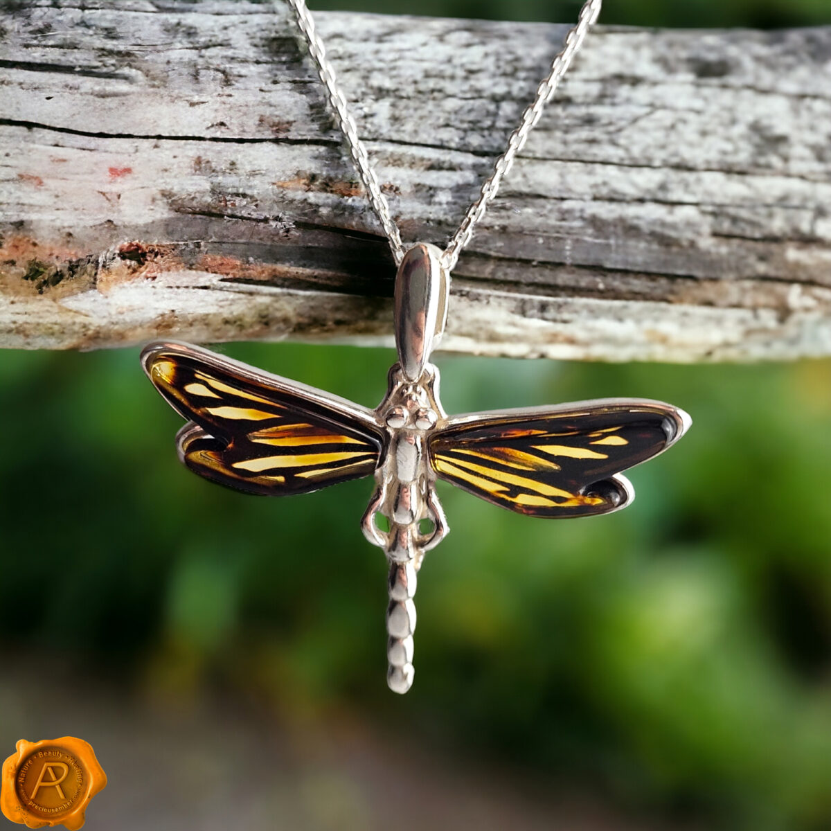 Carved Amber Dragonfly Silver Pendant - Image 3