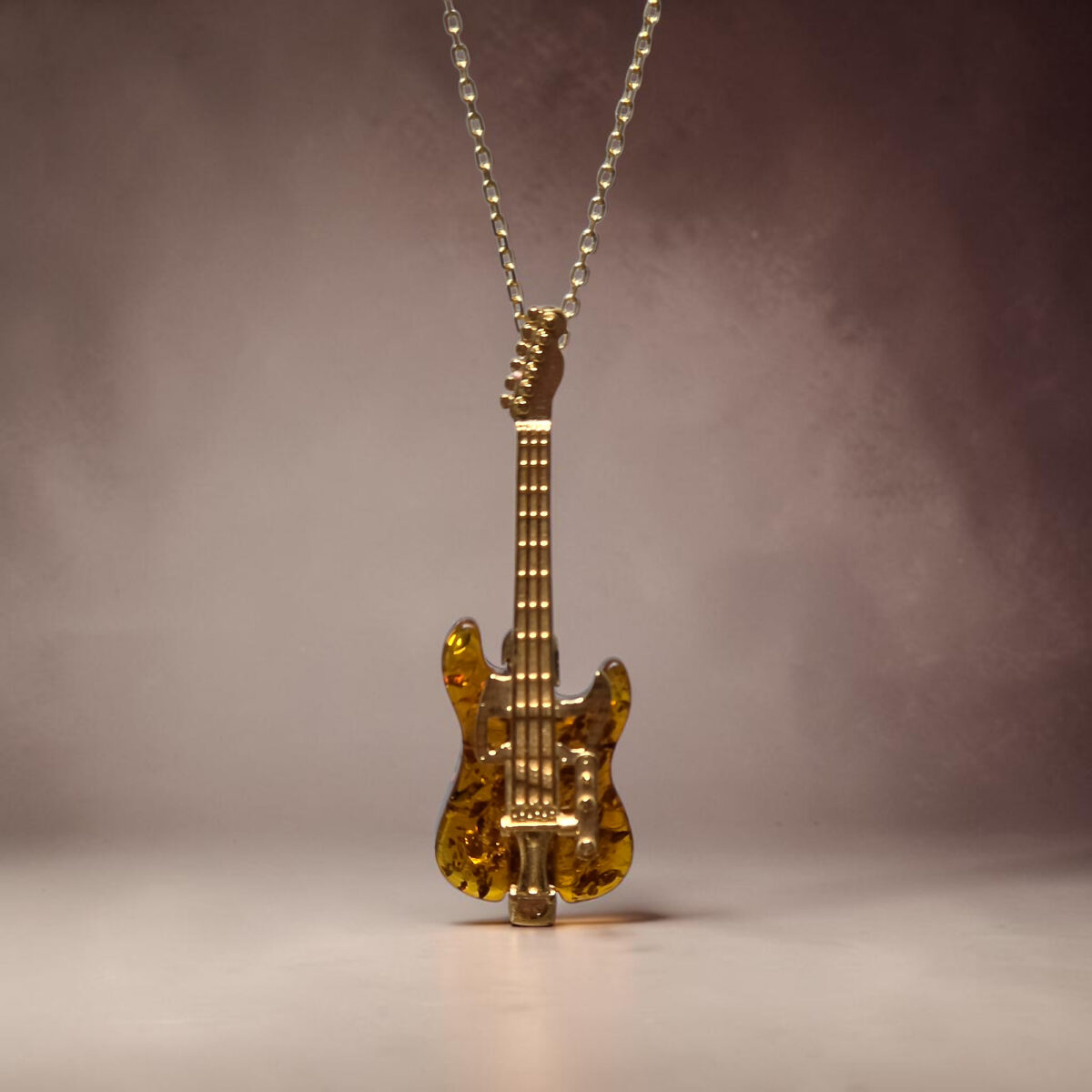 Baltic Amber Guitar Pendant Gold Necklace, Musician Gift, Guitar Player Jewellery, Rock Music Gifts