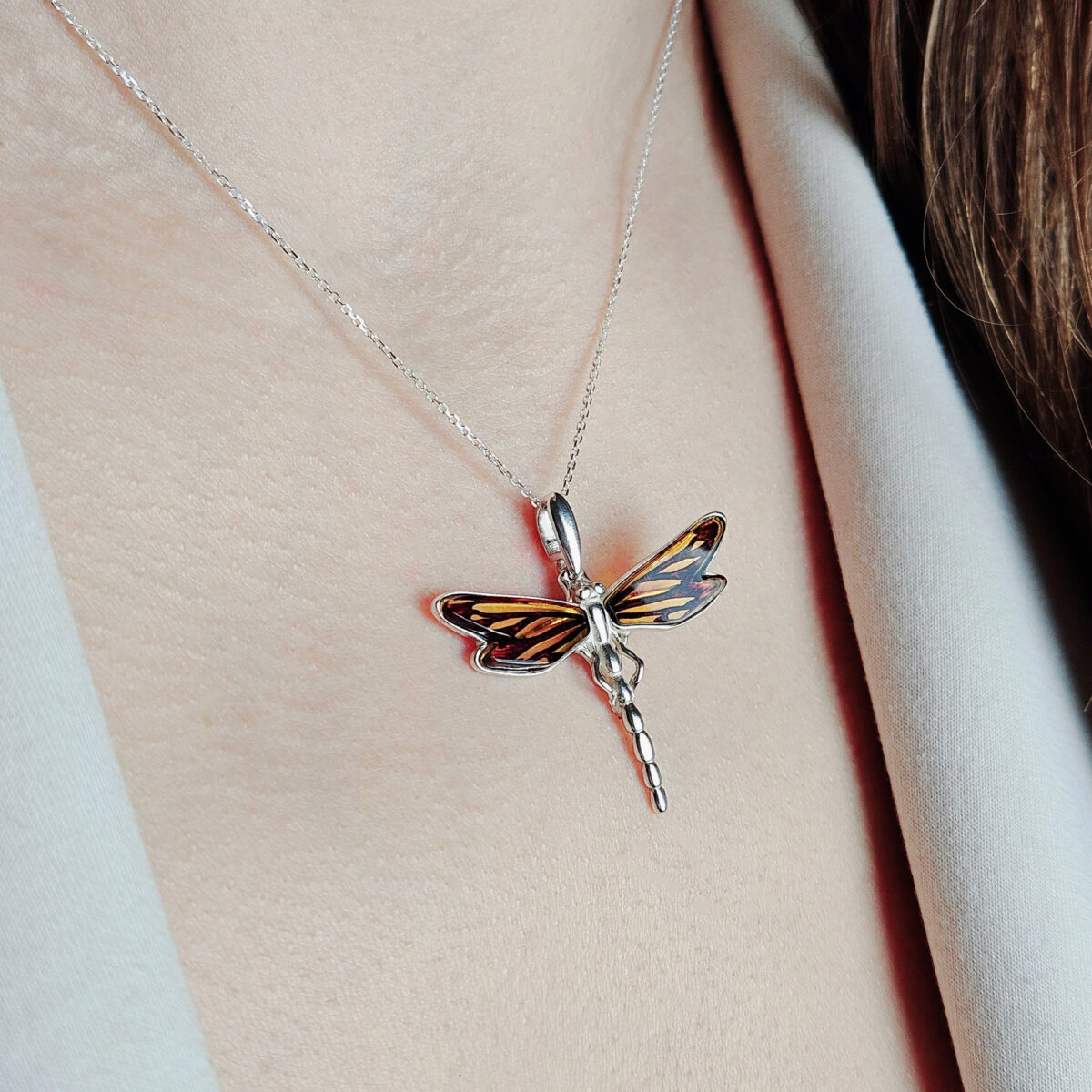 Dragonfly Natural Baltic Amber Silver Teardrop Pendant Necklace, Dragonfly Lover Gifts, Large Sterling Silver Dragonfly Charm, Jewelry Gift