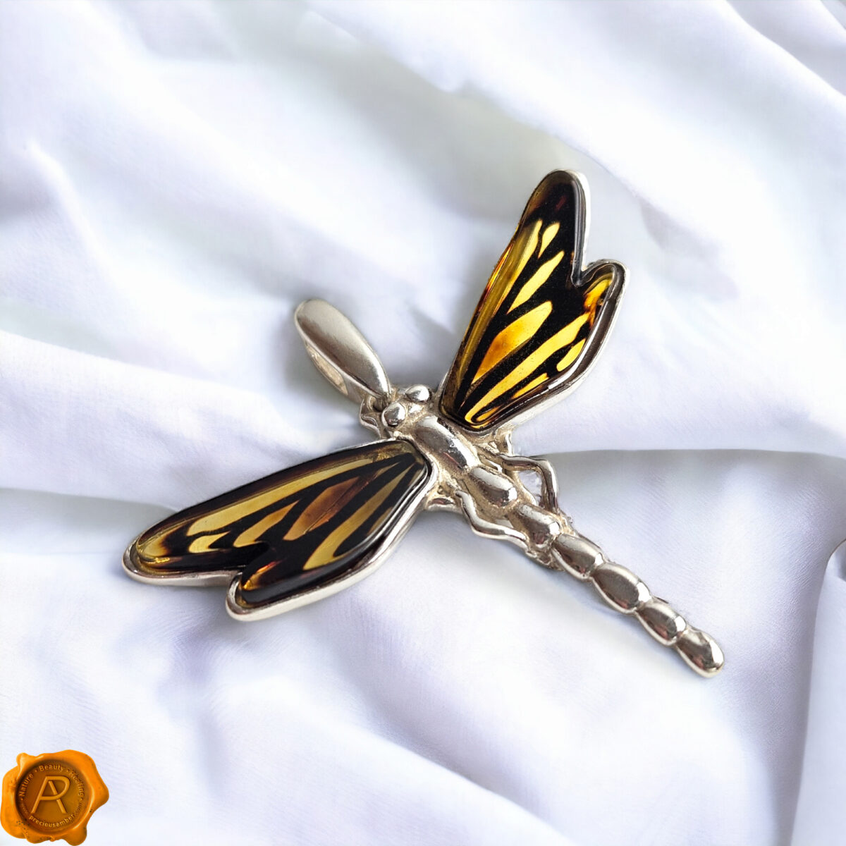 Carved Amber Dragonfly Silver Pendant - Image 1
