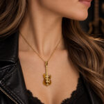 Baltic Amber Guitar Pendant Gold Necklace, Musician Gift, Guitar Player Jewellery, Rock Music Gifts