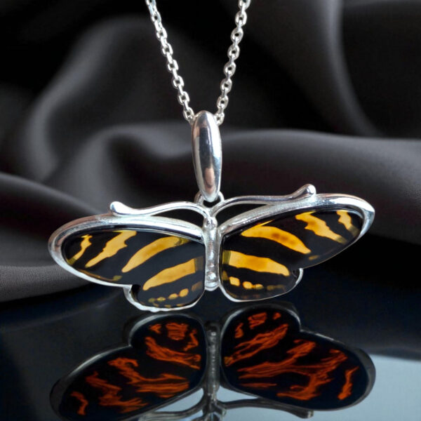 CARVED Natural Baltic Amber Butterfly Pendant Necklace Silver Charm, Drop Teardrop Small Gemstone Dainty Butterfly Lover Gifts Jewelry Women