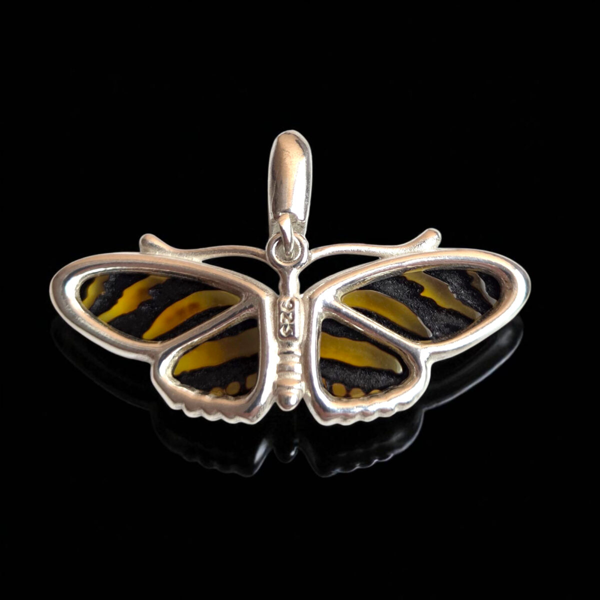 Carved Amber Zebra Butterfly Silver Pendant - Image 5