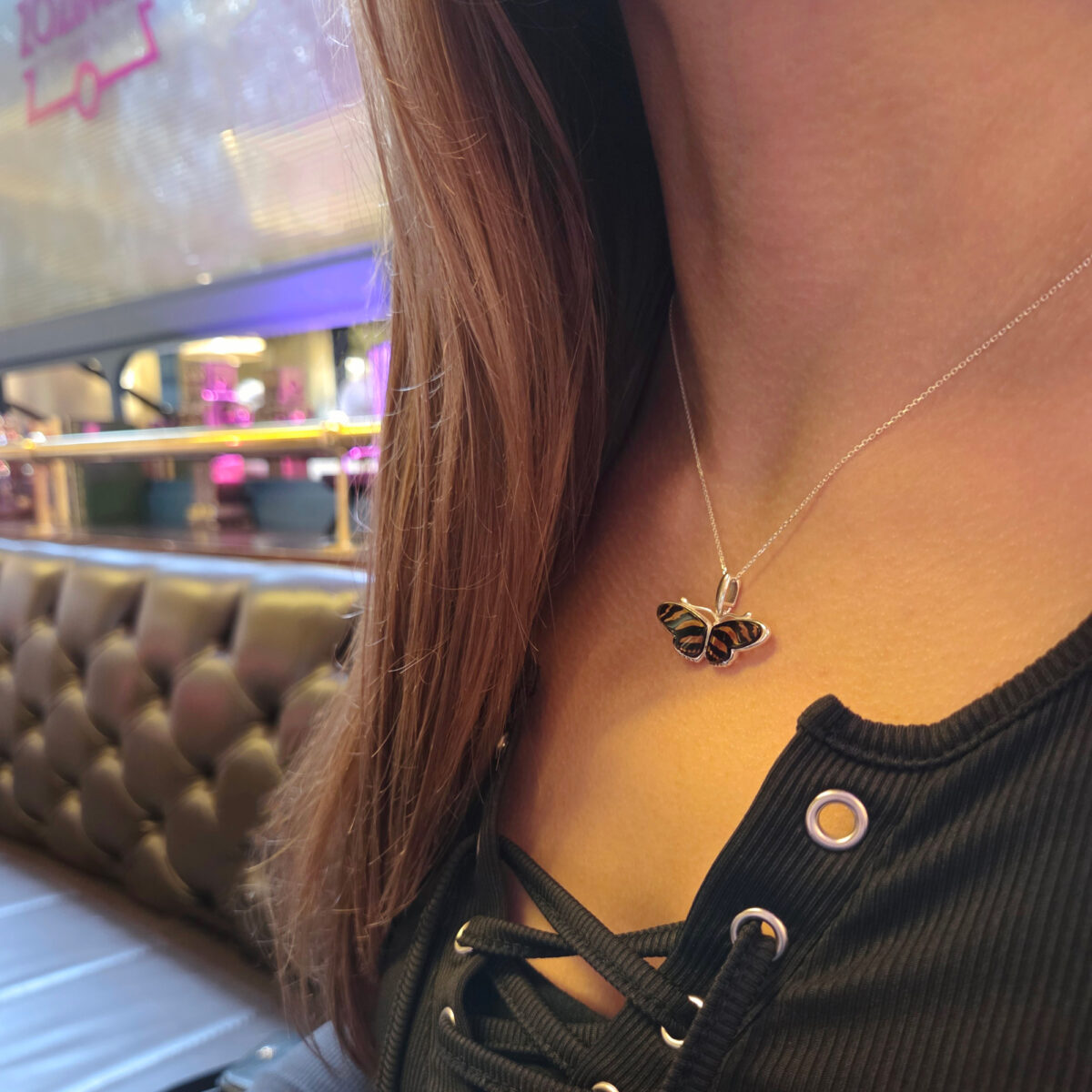 CARVED Natural Baltic Amber Butterfly Pendant Necklace Silver Charm, Drop Teardrop Small Gemstone Dainty Butterfly Lover Gifts Jewelry Women