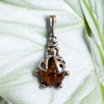 Ladybird Natural Honey Amber Silver Drop Pendant, Small Gemstone Tiny Ladybug Teardrop Charm Necklace Women Girls, Summer Jewellery Gifts