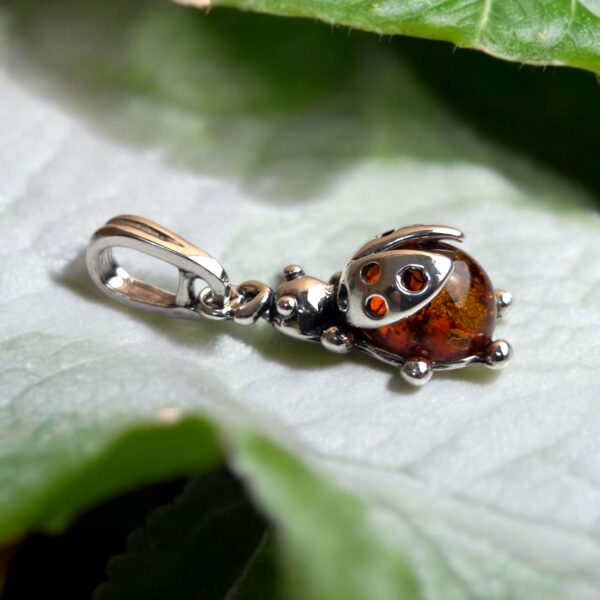 Ladybird Natural Honey Amber Silver Drop Pendant, Small Gemstone Tiny Ladybug Teardrop Charm Necklace Women Girls, Summer Jewellery Gifts