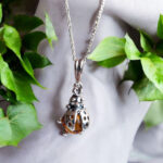 Ladybird Natural Honey Amber Silver Drop Pendant, Small Gemstone Tiny Ladybug Teardrop Charm Necklace Women Girls, Summer Jewellery Gifts