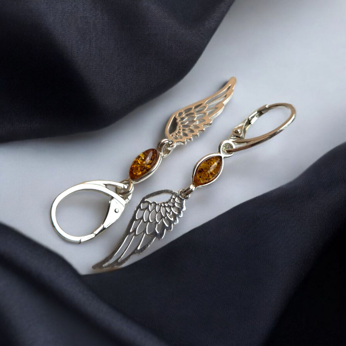 Angel-Wings-Sterling-Silver-Earrings-Angel-Jewellery-Long-Baltic-Amber-Drop-Teardrop-Protection-Earring-Women Guardian Angel Wing Honey Amber Silver Earrings - Image 2