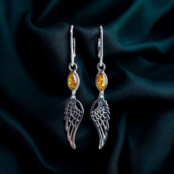 Guardian Angel Wings Earrings Silver, Natural Baltic Amber Gemstone Drop Teardrop, Large Long Amber Protection Earrings Jewelry Gifts