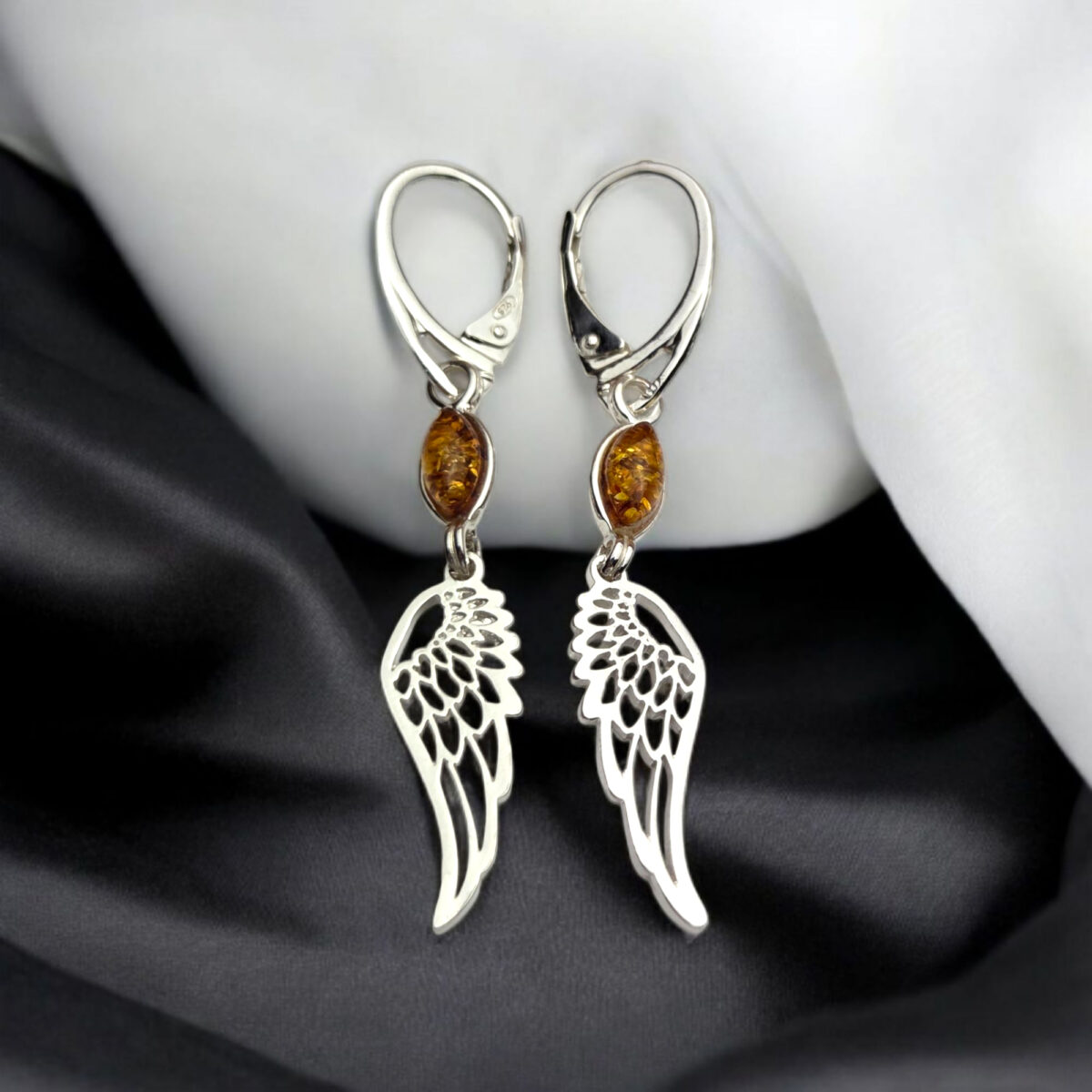 Angel-Wings-Sterling-Silver-Earrings-Angel-Jewellery-Long-Large-Baltic-Amber-Drop-Teardrop-Protection-Earrings-Women Guardian Angel Wing Honey Amber Silver Earrings - Image 3