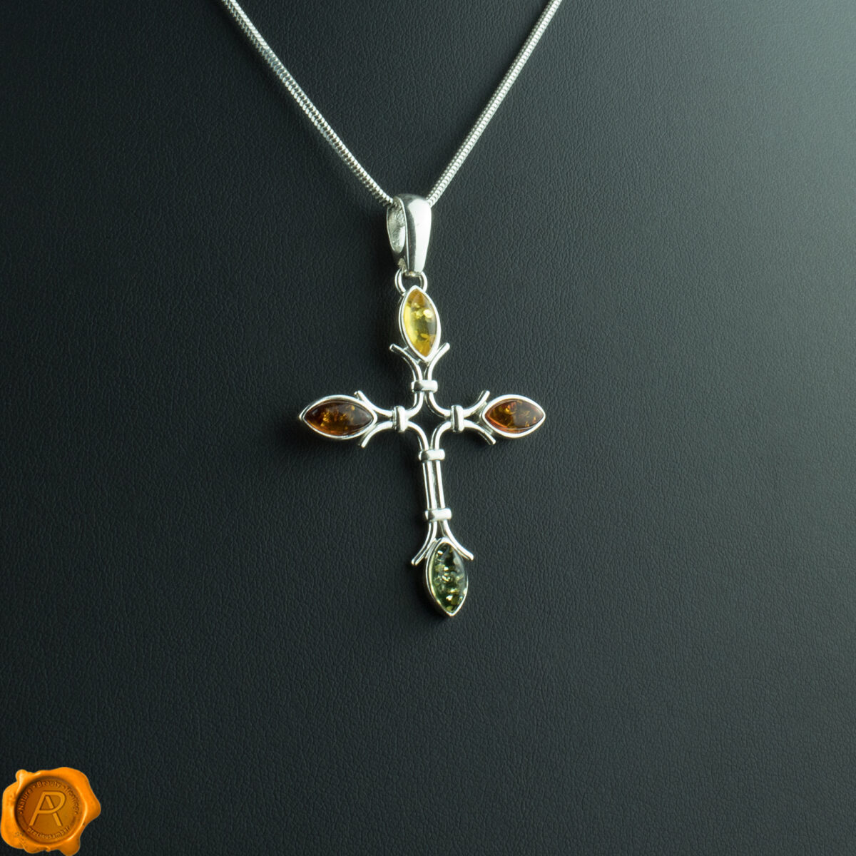 Green-Lemon-Cognac-Baltic-Amber-Silver-Cross-Pendant-Necklace Multicolor Amber Silver Cross Pendant - Image 1