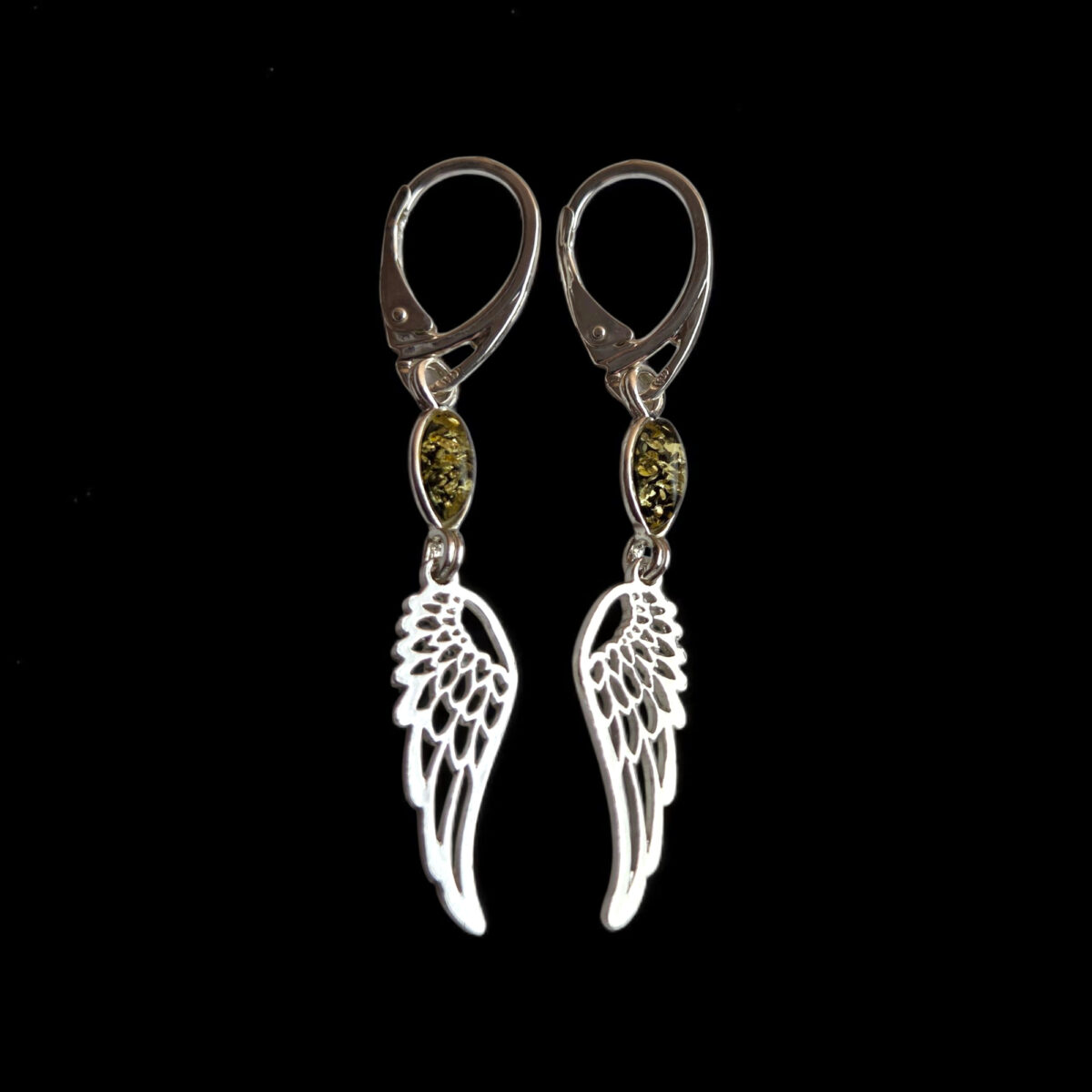 Guardian Angel Wing Green Amber Silver Earrings - Image 3