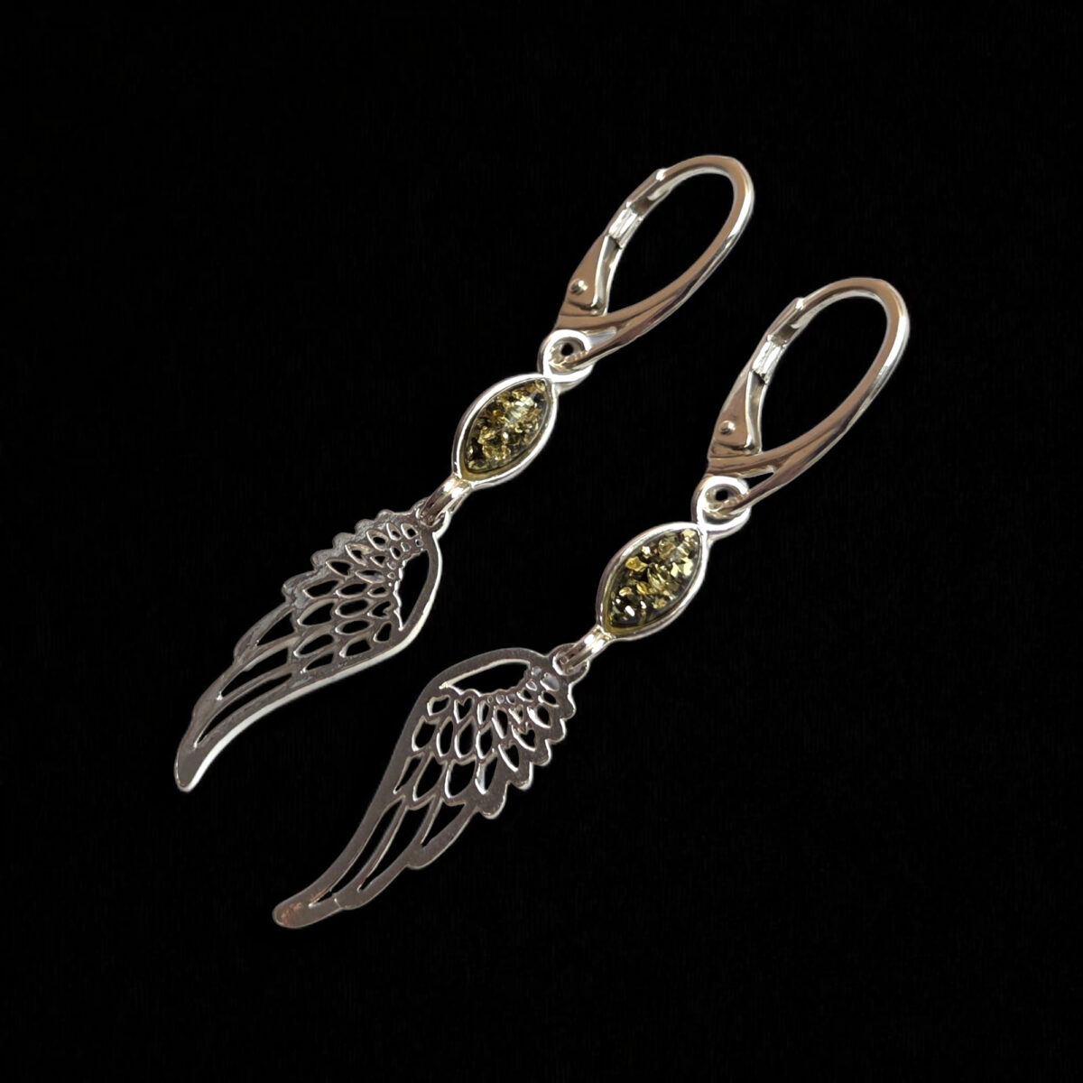 Guardian Angel Wing Green Amber Silver Earrings - Image 2
