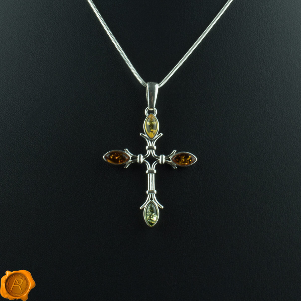 Multicolor-Amber-Silver-Cross-Pendant-Necklace Multicolor Amber Silver Cross Pendant - Image 3