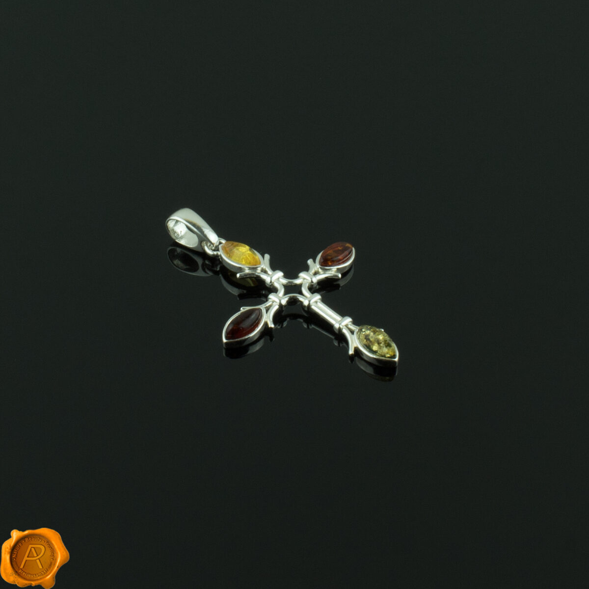 Multicoloured-Green-Cognac-Baltic-Amber-Silver-Cross-Pendant-Necklace Multicolor Amber Silver Cross Pendant - Image 2