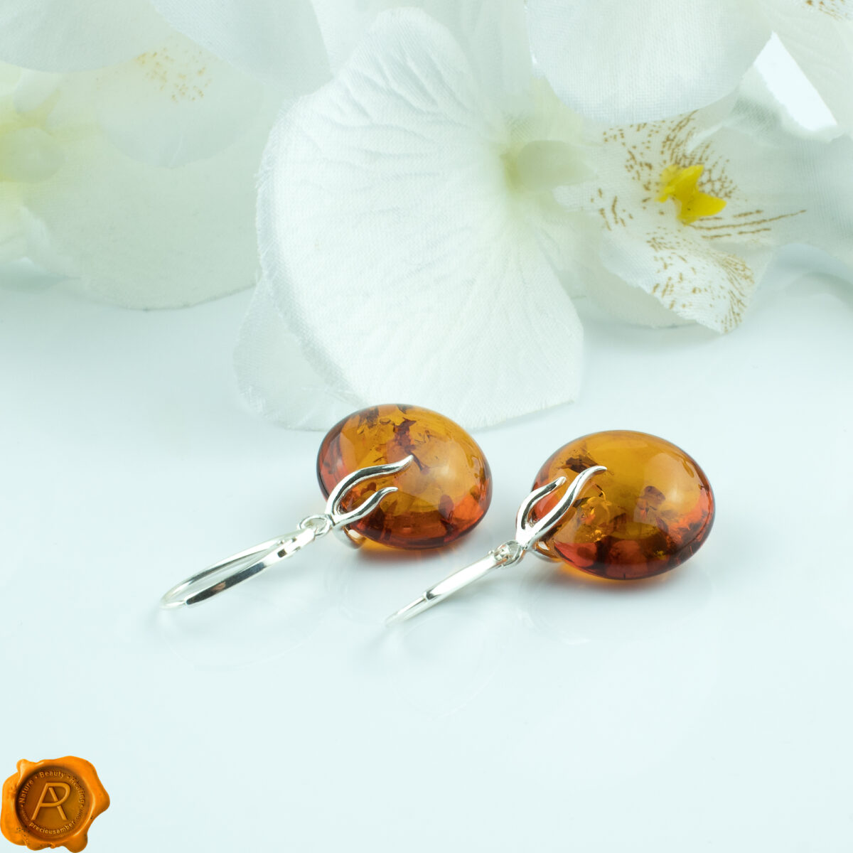 Flat Honey Amber Silver Earrings - Image 8