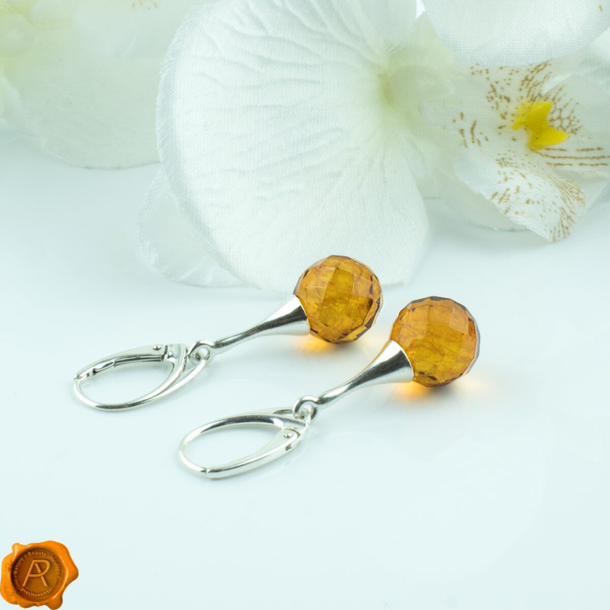Faceted Amber Silver Earrings - Image 2