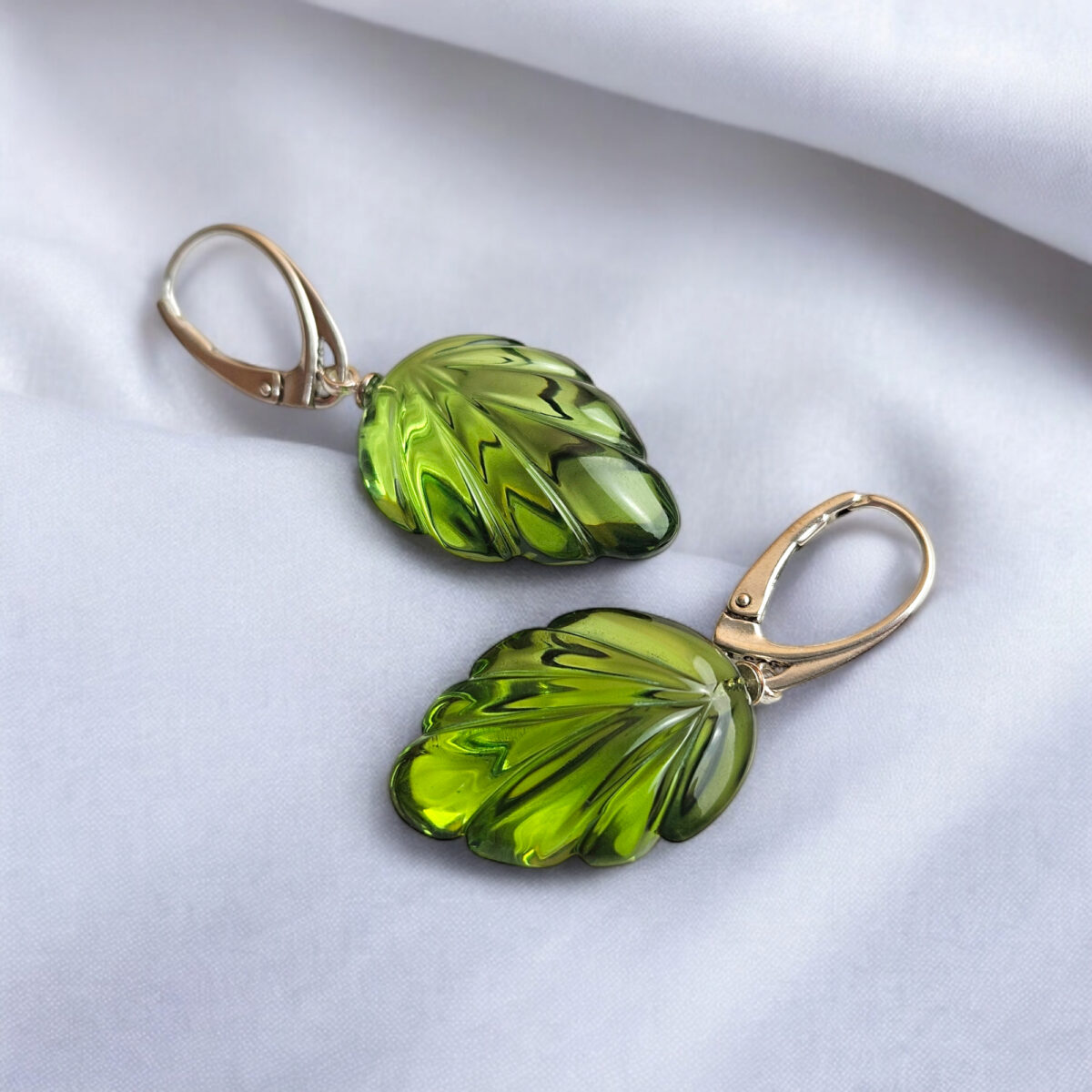 Carved Caribbean Green Amber Leaf Earrings - Image 3