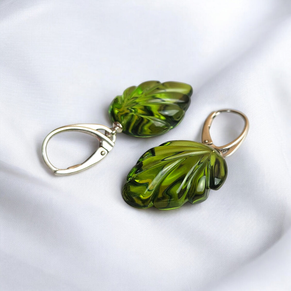 Carved Caribbean Green Amber Leaf Earrings - Image 4