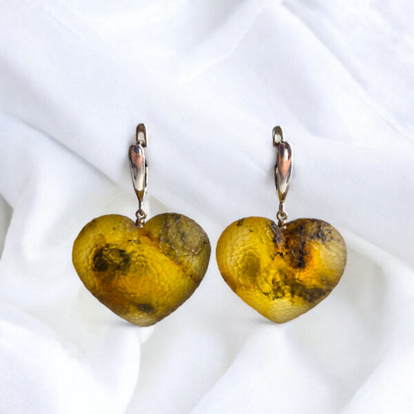 Natural Baltic Amber Heart Earrings Large Teardrop Silver, Chunky Drop Gemstone Heart Gift, Real Honey Amber Jewellery Gift Women
