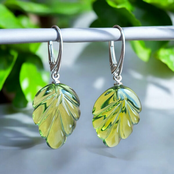 Caribbean Large Green Amber Gemstone Leaf Silver Earrings Women, Teardrop Green Natural Amber Crystal Chunky Drop Jewelry Gift