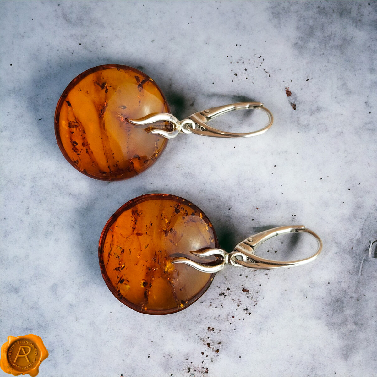 Flat Honey Amber Silver Earrings - Image 2