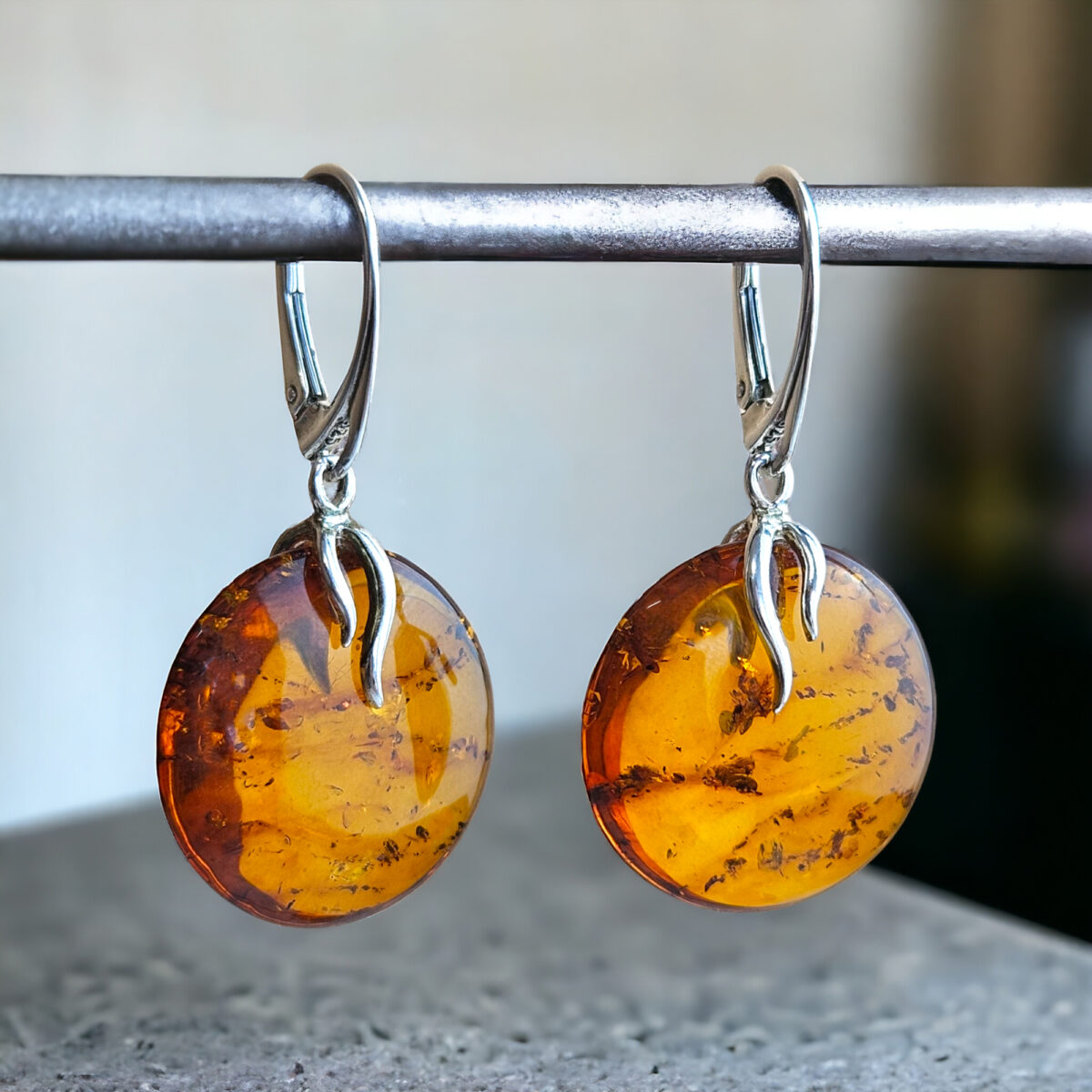 Flat Honey Amber Silver Earrings - Image 1
