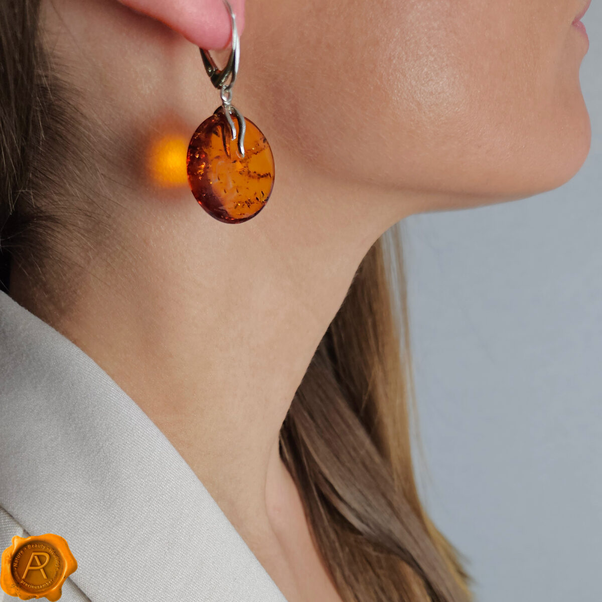 Flat Honey Amber Silver Earrings - Image 3