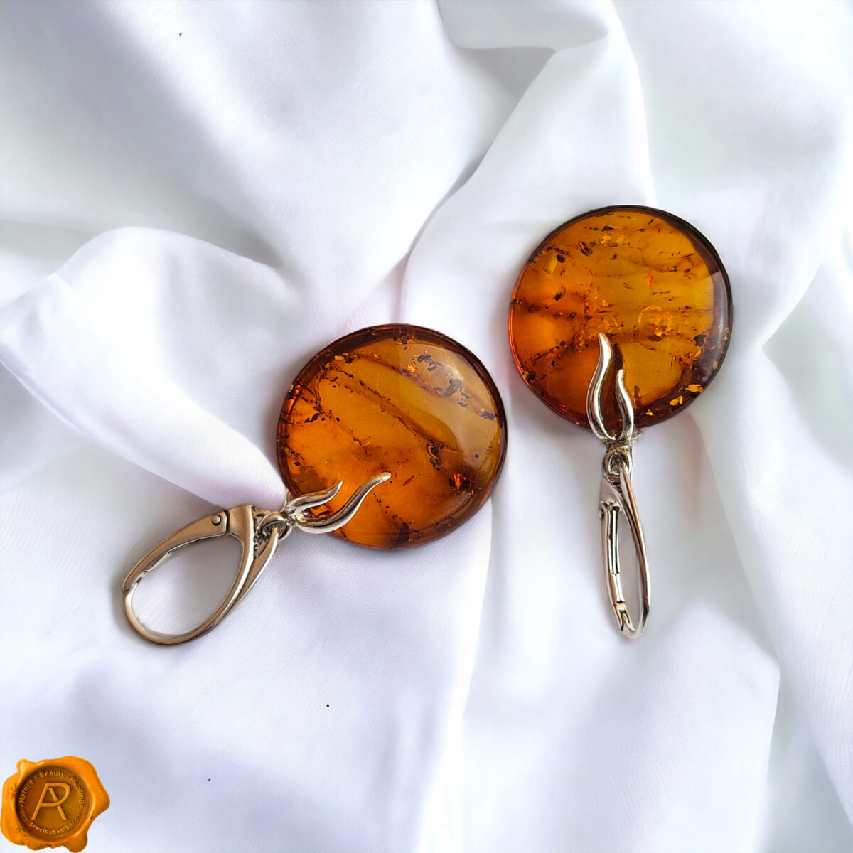Flat Honey Amber Silver Earrings - Image 4