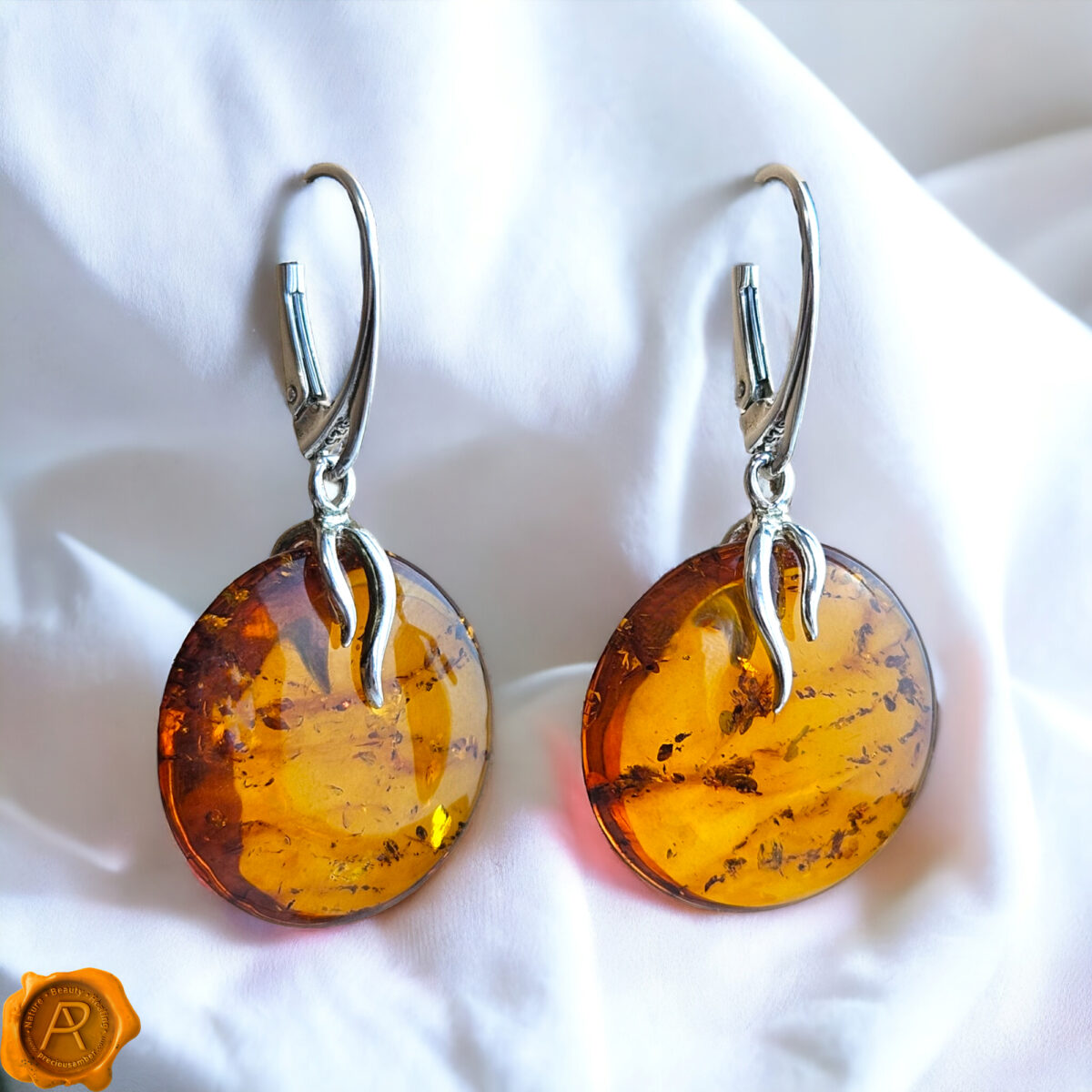 Flat Honey Amber Silver Earrings - Image 5