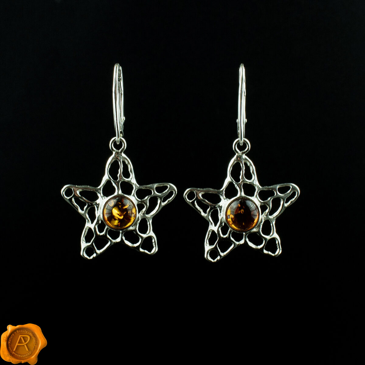 Silver Starfish Amber Earrings - Image 3