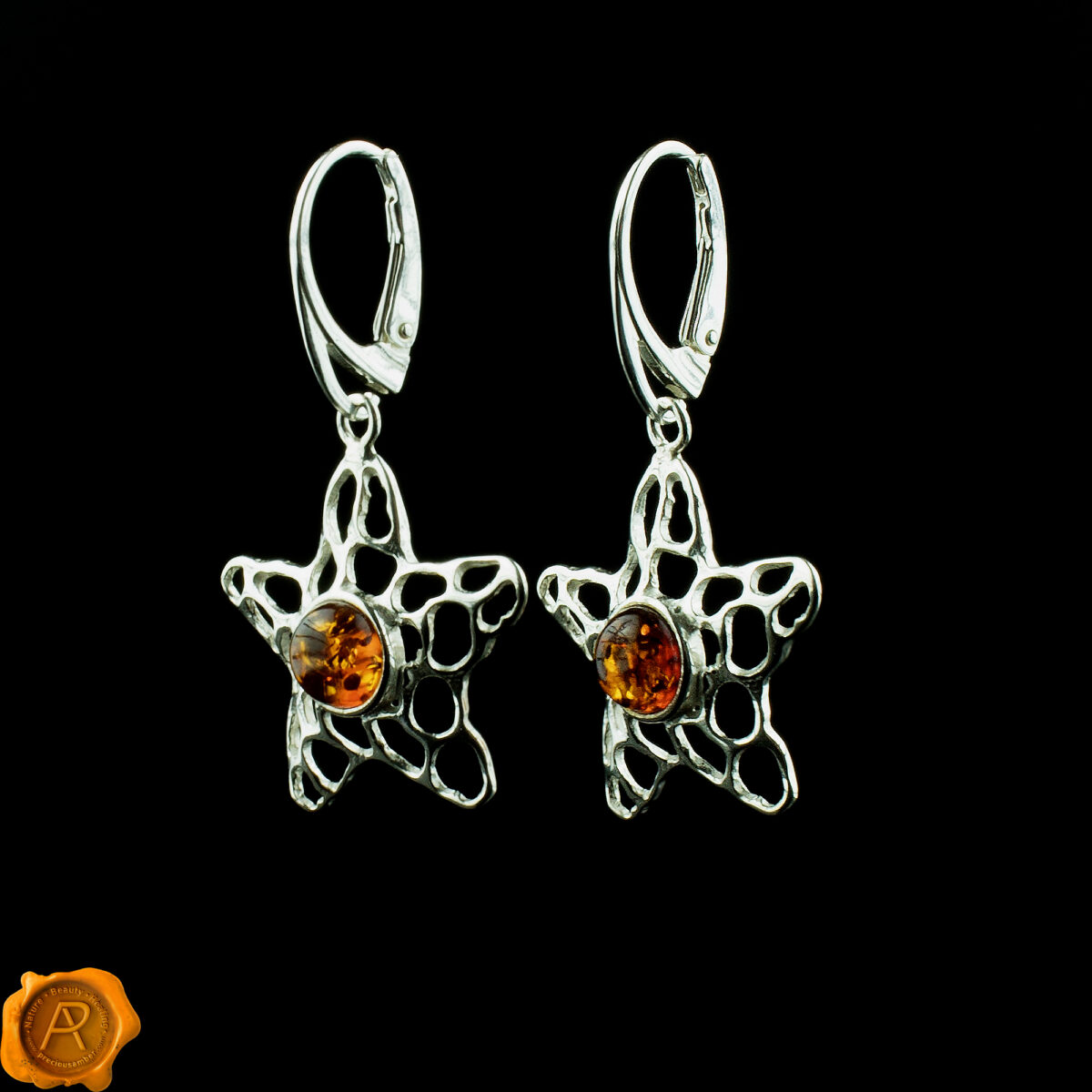 Silver Starfish Amber Earrings - Image 1