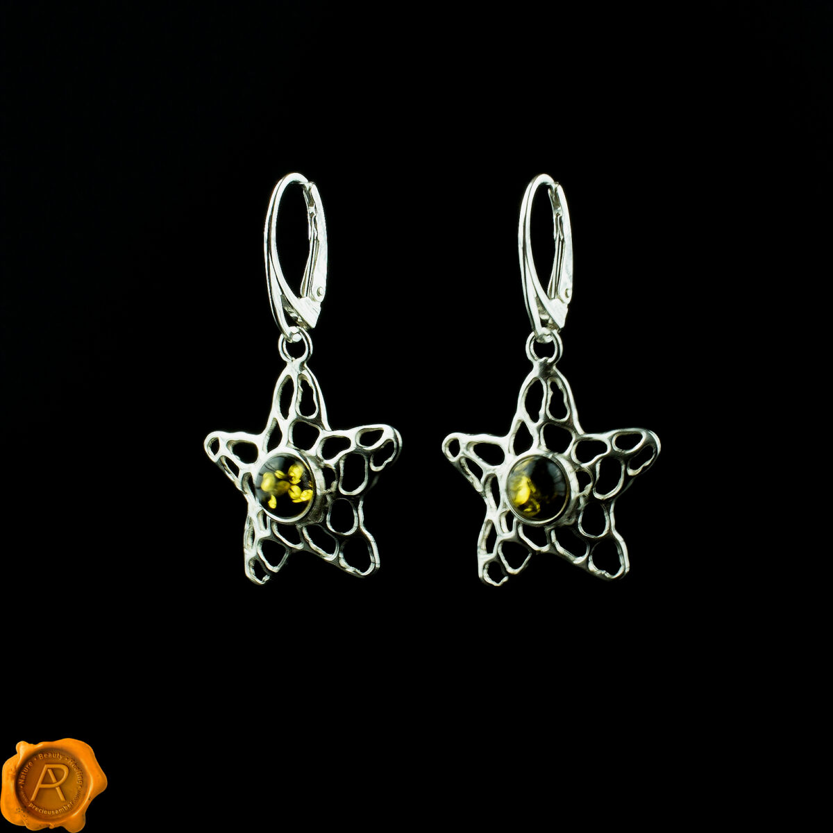 Silver Starfish Green Amber Earrings - Image 1
