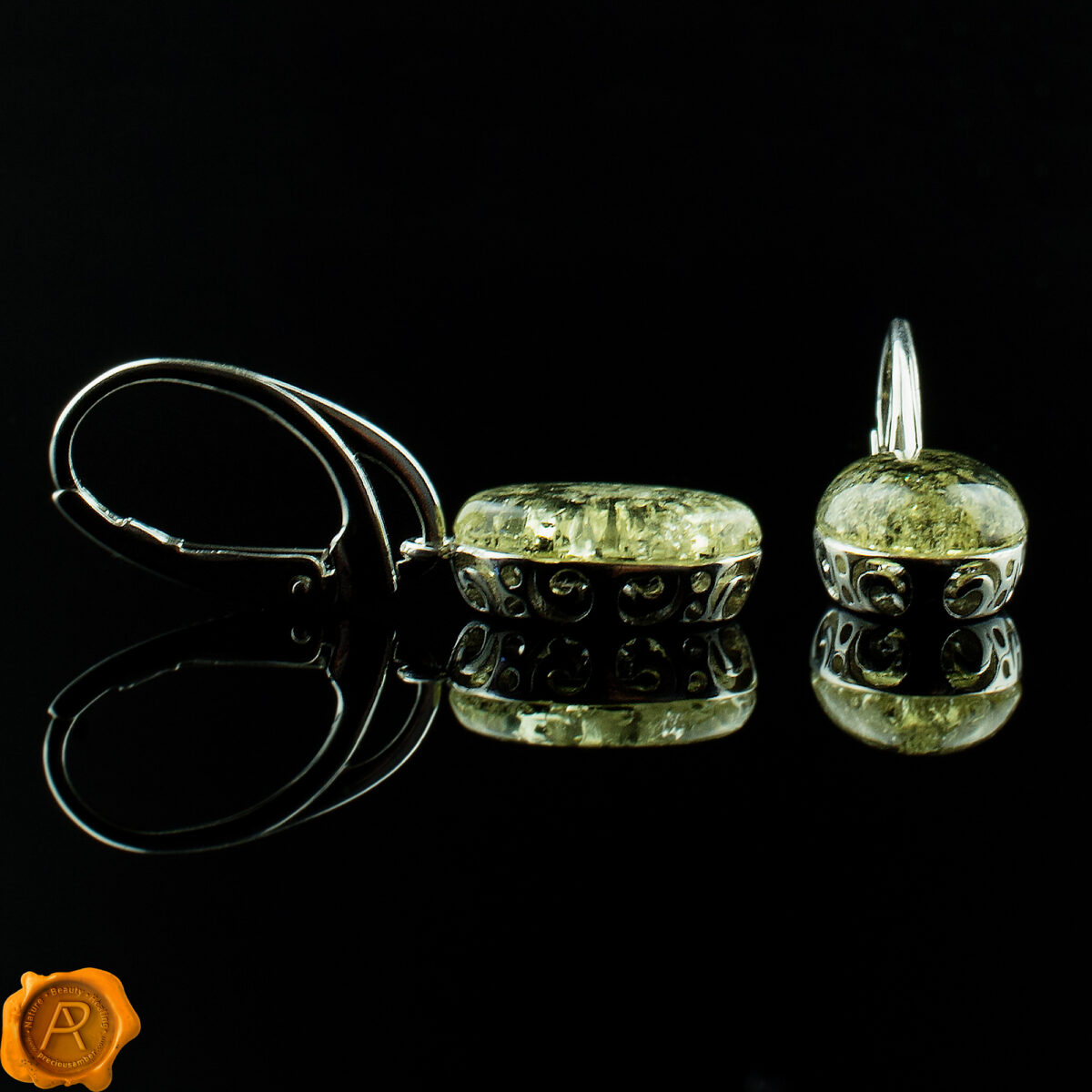 Green Amber Silver Earrings - Image 2