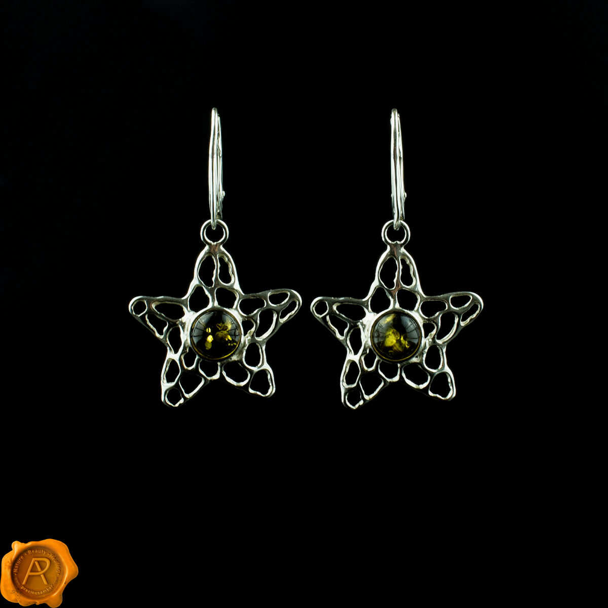 Silver Starfish Green Amber Earrings - Image 3
