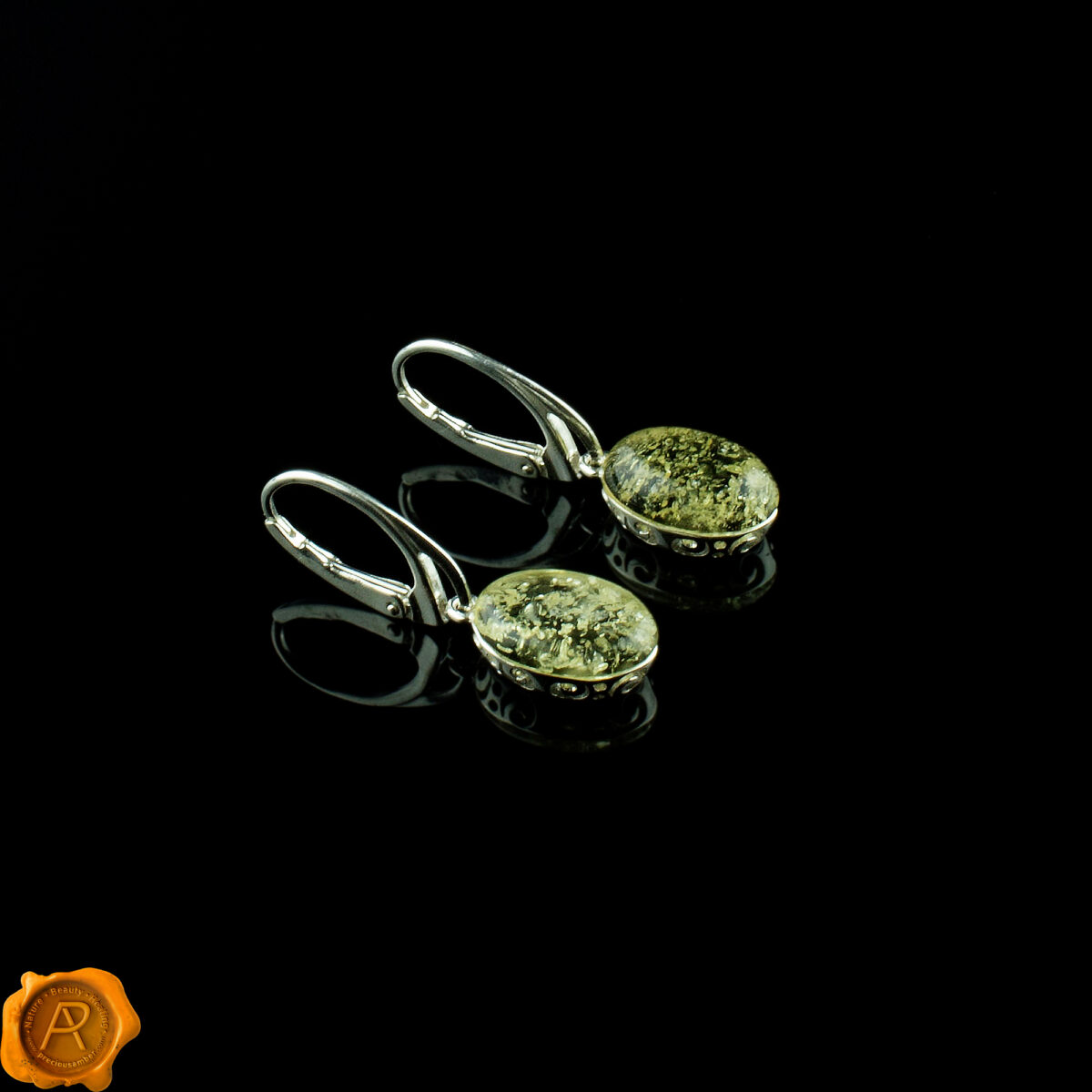 Green Amber Silver Earrings - Image 4