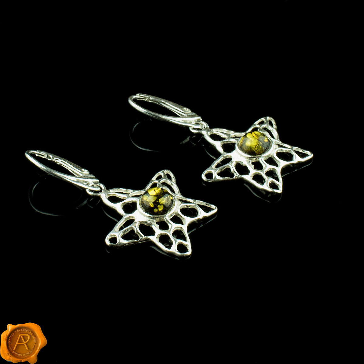 Silver Starfish Green Amber Earrings - Image 2