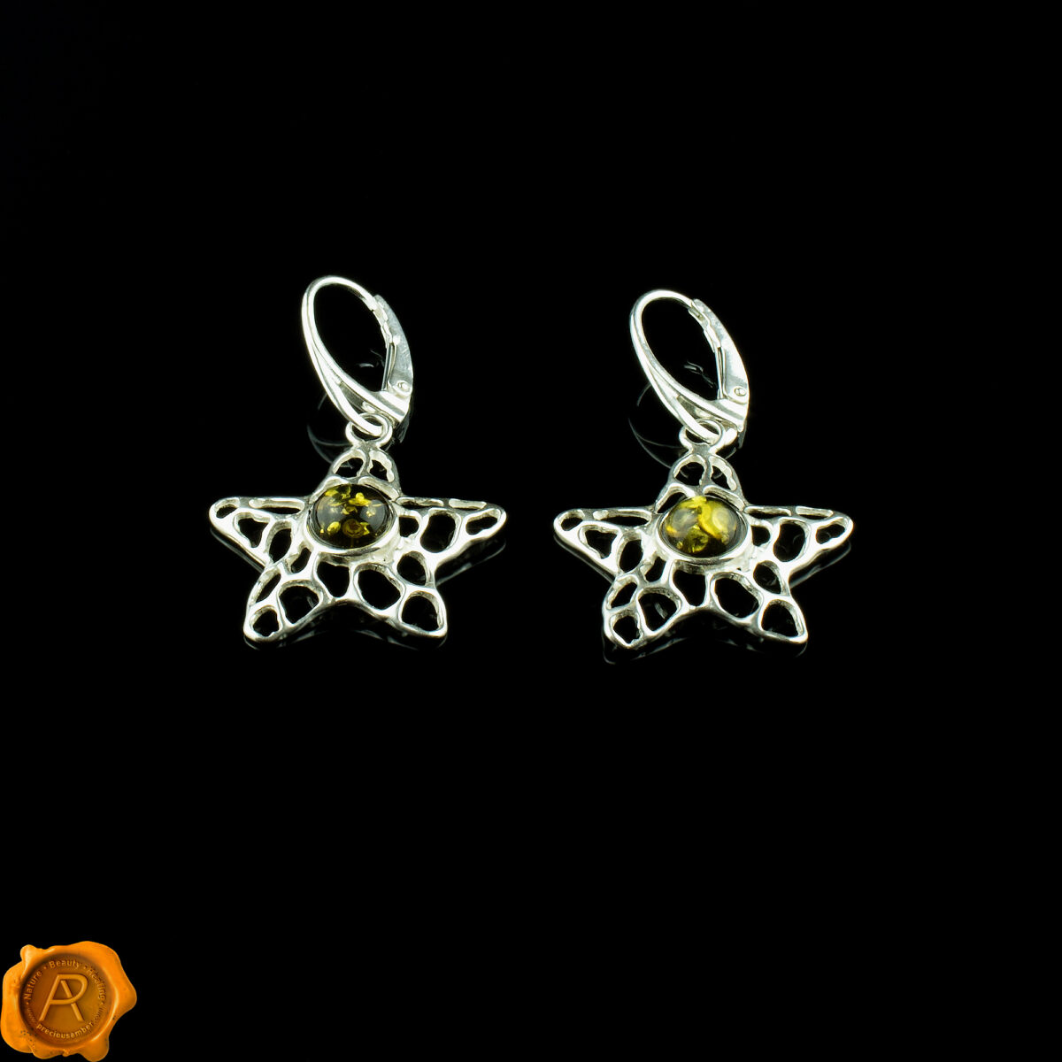 Silver Starfish Green Amber Earrings - Image 4