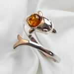 ADJUSTABLE Dolphin Wrap Around Rings Dainty Baltic Amber Natural Stone Gemstone Silver Ring Women, Crystal Small Sea Life Ring Ocean Jewely
