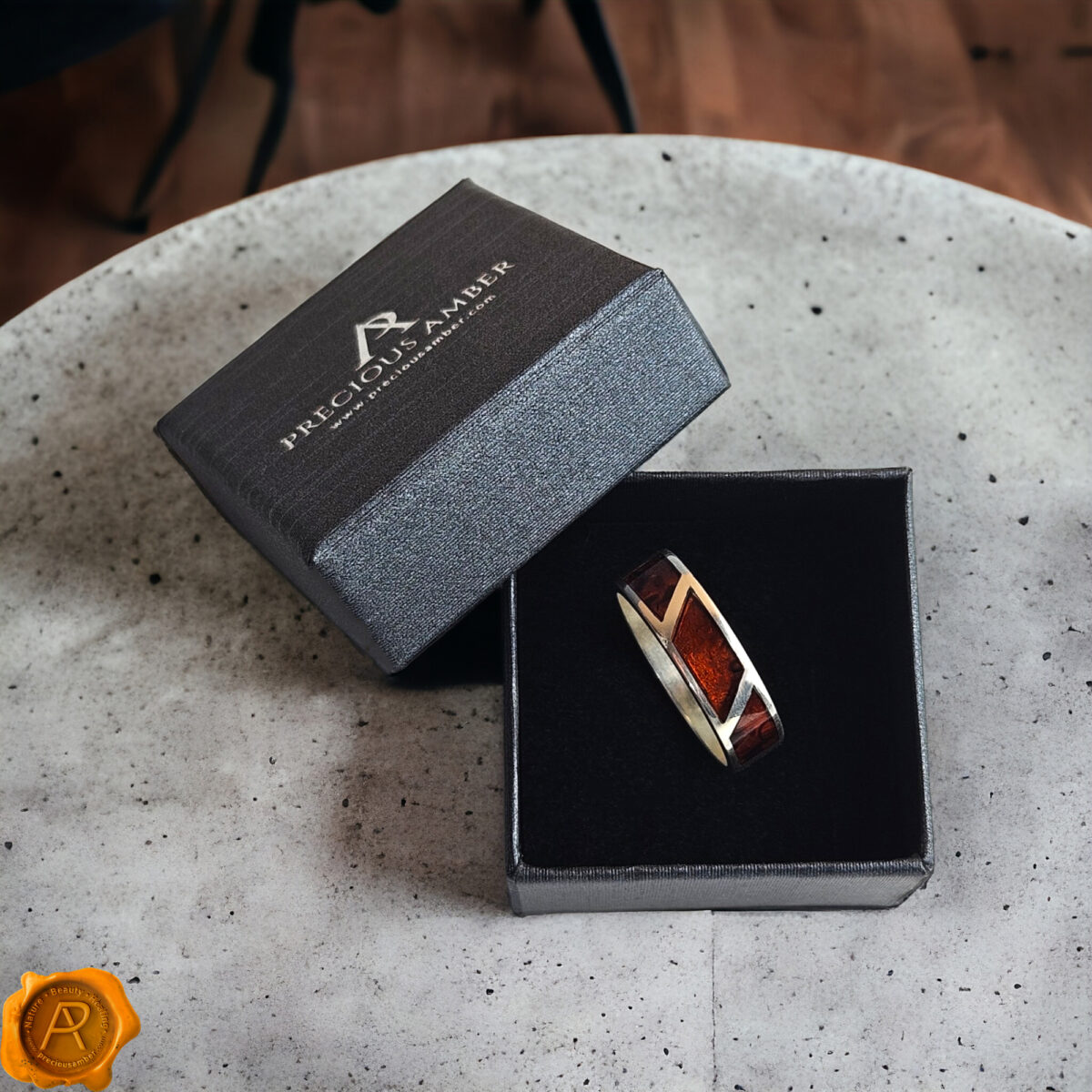 Large Cognac Amber Silver Ring - Image 6