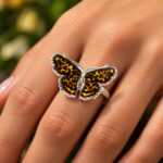 Leopard Butterfly Baltic Amber Ring Silver, Dainty Small Adjustable Gemstone Carved, Handmade Moth Lover Art Jewellery Gift Women