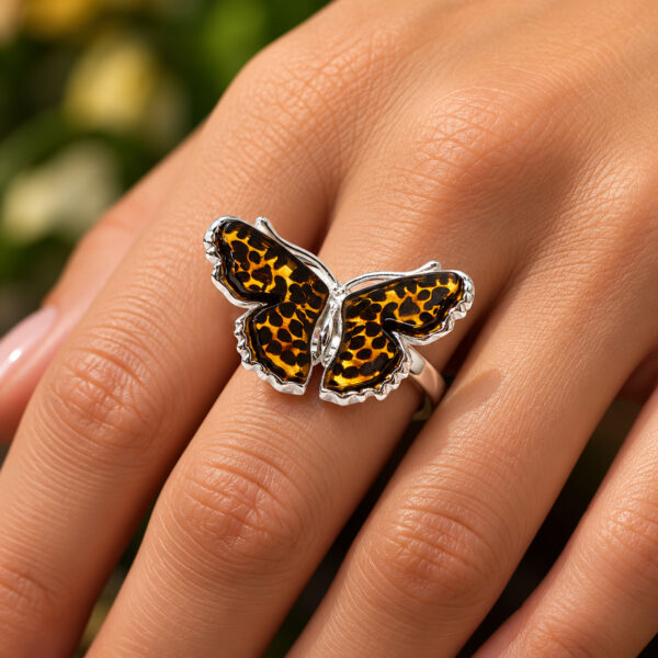 Leopard Butterfly Baltic Amber Ring Silver, Dainty Small Adjustable Gemstone Carved, Handmade Moth Lover Art Jewellery Gift Women