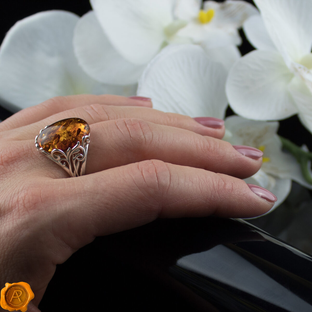 Cognac Amber Silver Ring - Image 2