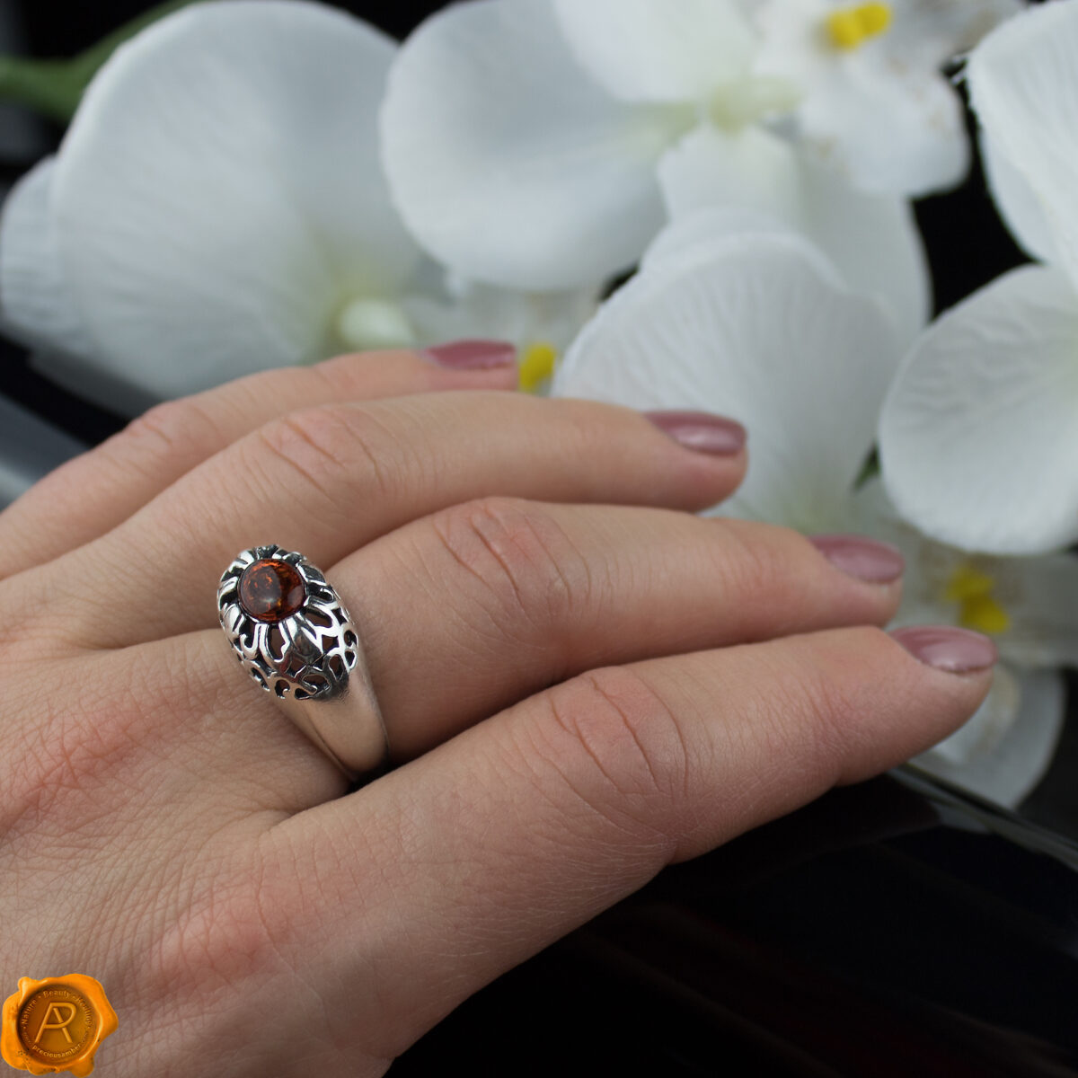 Large Cognac Amber Silver Ring - Image 2