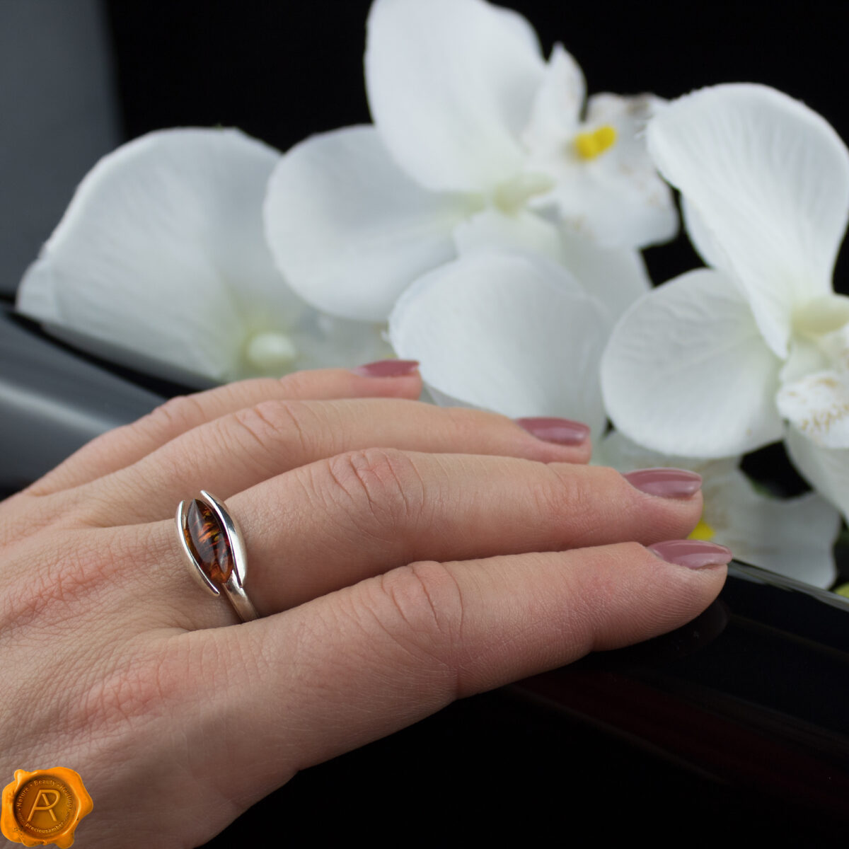 Cognac-Baltic-Amber-Beads-Sterling-Silver-Protective-Evil-Eye-Ring-Womens-Dublin Cognac Amber Evil Eye Ring - Image 2